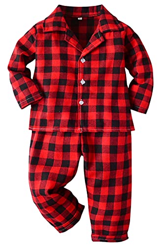 Kids Plaid Pajamas Set, Baby Toddler Little Boy s Girl s 2-Piece Button Down Sleepwear Pjs, Black Red, 2-3T = Tag 110