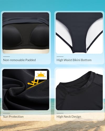 Pinup Fashion Long Sleeve Rash Guard - 2 Piece Swimsuit Bathing Suits with Bottom Swim Top UV UPF 50+4