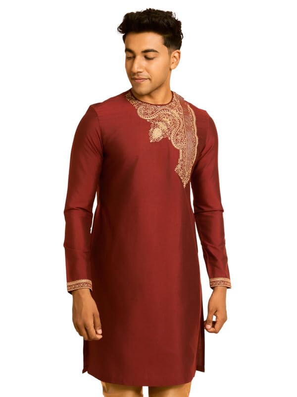 diwas by manyavar Men's Viscose Blend Bengali Style Neckline Embroidered Kurta (1pc)-picture-41