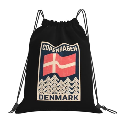 Danish-Flag-Copenhagen-Denmark-Retro- Drawstring Bags, Lightweight Gym Sack with Adjustable Cord, Water-Resistant Sports Backpack for Men Women, Travel, Yoga, College (Black)