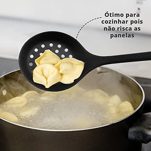 Kit Concha E Escumadeira Silicone Cores Utensílios Cozinha (Preto)