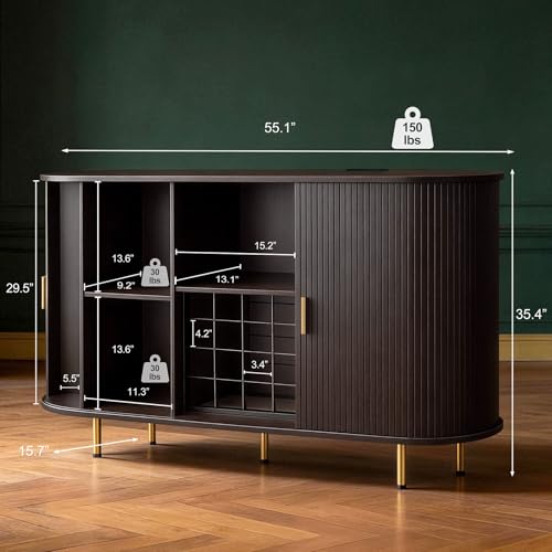 Image of DHH 55 inch Wine Bar Cabinet with Storage, Fluted Liquor & Coffee Bar Cabinet with Wine Rack and Glass Holder, Buffet Sideboard with LED Lights for Home Kitchen Living Dining Room (Dark Walnut)