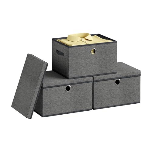 Image of SONGMICS Cube Storage Boxes with Lids, 3 Pack Fabric Organiser Baskets, Odourless PP Sheets, Foldable and Stackable, with Handles, Dove Grey RFB540GD01