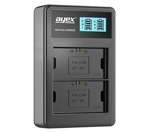 Doppia funzione di ricarica: consente la ricarica simultanea di due batterie LP-E6 tramite USB, ideale per batterie Canon LP-E6 originali e batterie simili. Per esempio per EOS 5D Mark IV Mark III Mark II 5DS 5DS R 6D 7D 6D Mark II 7D Mark II R Ra R5 R6 60D 70D 80D 90D