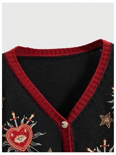 Image of BEAUDRM Women's Cropped Cardigan Sweater Embroidered Cardigan Cropped Sweater Button Down Knit Top Outerwear