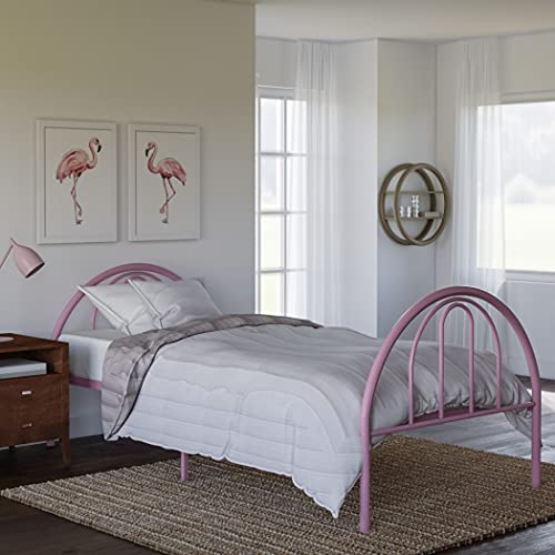 Rack Furniture Brooklyn Twin Size Bed Frame, Steel Classic Rounded Design Bed for Kids with 300 lb. Weight Capacity, No Box Spring Required (Pink)