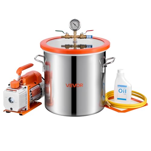 VEVOR 5 Gallon Vacuum Chamber with Pump, 3.5 CFM, Single Stage Vacuum Pump, Stainless Steel Degassing Chamber Kit with Tempered Glass Lid, 5 ft Hose, for Stabilizing Wood Degassing Silicone Resin