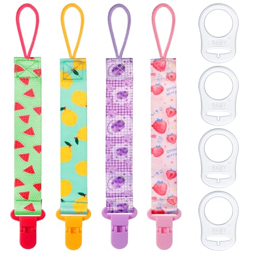 Aolso Silikon-Schnullerketten-Adapter, 4 Stück Baby-Schnullerkette mit 4 Stück Adaptern, Silikon-Ring-Adapter, Baby-Schnullerhalter, Schnuller-Clip-Kettenriemen, Baby-Beißspielzeug (Rot/Gelb)