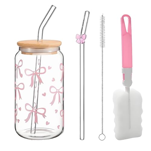nuneoeuo 5PCS Glass Cups with Lids and Straws Bow Glass Cup Matcha Cups Pink Bow Cup Set for Bubble Tea Coffee Versatile and Stylish Drinking Gifts for Women Girls Friends
