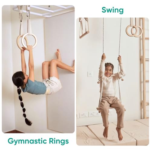 Image of Curious Cub All-in-One Monkey Bars for Kids Indoor Wall Mounted | Kids Pull Up Bar for Home Gym with Swing, Gymnastic Rings & Climbing Ladder | Indoor Jungle Gym Equipment (4+ Years)