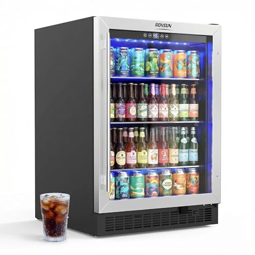 ROVSUN 24 Inch Beverage Refrigerator 5.8 Cu.Ft. Under Counter Beverage Fridge with Glass Door and Touch Temperature Control for Soda Beer Built-in or Freestanding Cooler for Kitchen Bar Office