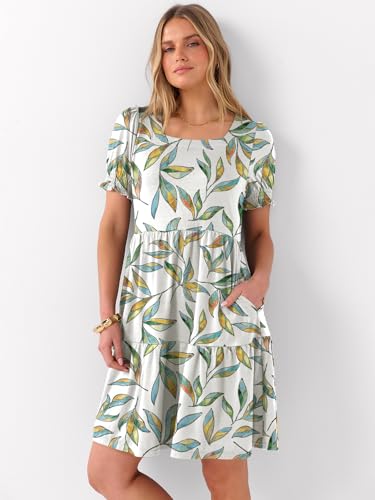 Image of ANRABESS Women Summer Square Neck Puff Short Sleeve Mini Dress 2026 Casual Flowy Sundress Beach Vacation Clothes with Pockets