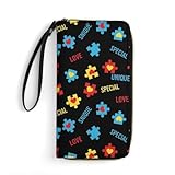 HEBVASS Women's Fashion Water-resistant Colorful Puzzle Autism Awareness Black Leather Wallet, High Capacity, Perfect for Daily Carry