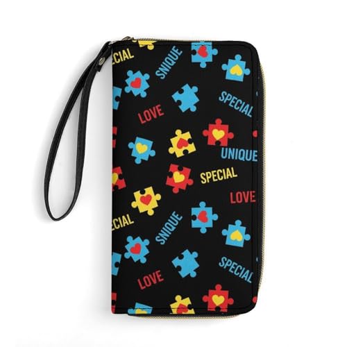 HEBVASS Women's Fashion Water-resistant Colorful Puzzle Autism Awareness Black Leather Wallet, High Capacity, Perfect for Daily Carry
