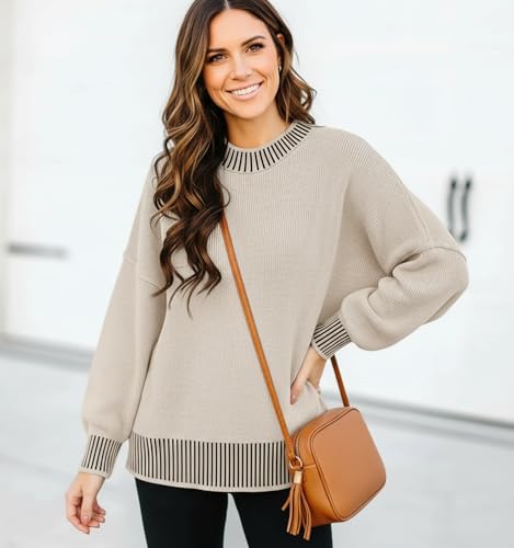 Image of Womens Oversized Sweaters Fall 2026 Fashion Clothes Colorblock Knit Tops | ETCYY Striped Sweaters For Women Trendy,Batwing Sleeve Oversized Sweater Pullover Tops,Cute,Spring Winter Fall Outfits