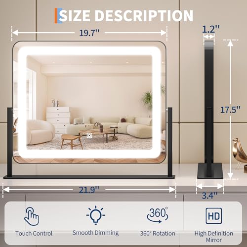 19.6"x15.7" Vanity Mirror with Lights, Large Lighted Mirror, LED Makeup Mirror with 3-Color Dimmable Modes and Smart Touch Control, Perfect for Desk or Bedroom, Vanity Desk Tabletop Makeup, White