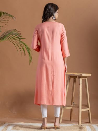 Image of rangita Peach Rayon Flared Embroidered Calf Length Kurta
