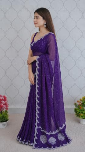 Image of Chiffon Satin Saree for Women with C Pallu PP Siroski Diamond Work, Cutwork Border & Matching Blouse Saree for Wedding, Festive and Traditional Occasions