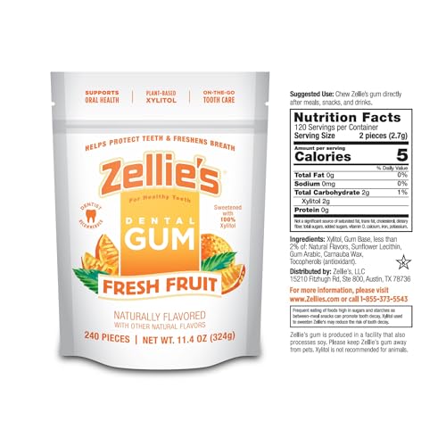 Zellies | 100% Xylitol Sugar Free Chewing Gum (Fresh Fruit, 240 Count (Pack of 1))