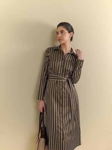 Image of FableStreet Women Formal Dress | Notch Collar Wrap Midi Dress with Self-Tie Belt & Button-Front | Smooth Viscose Rayon Fabric for Workwear & Day-to-Night Elegance