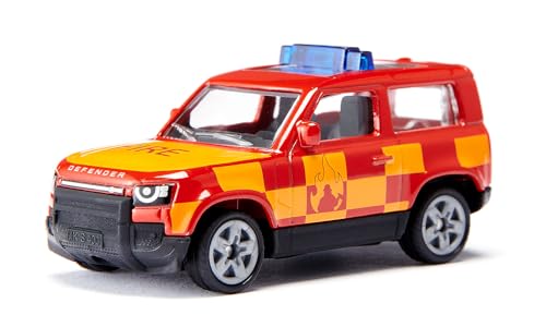 siku 1568, Land Rover Defender Feuerwehr, Spielzeug-Auto, Metall/Kunststoff, Rot/Gelb, Anhängerkupplung, Gummierte Reifen, Blaue Signalbalken
