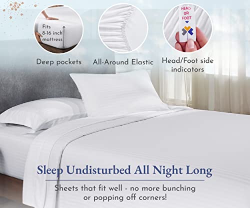 California Design Den Striped Sheets For Queen Size Bed, Natural 100% Cotton Sheets Luxury 400 Thread Count Sateen, 4 Piece Deep Pocket Cooling Sheets Set (White Sheets) #TOP3