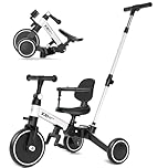 XJD 6 in 1 Kids Trike, Foldable Toddler Tricycle for 1 2 3 4 Year Old with Adjustable Push Handle, Balance Bike with Removable Backrest and Safety Belt, Baby Push Trike First Bike for Gift(White)