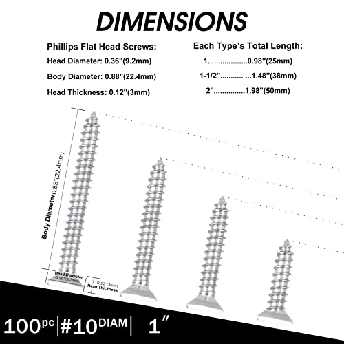 Image of White Head 100 PCS #10X1 Stainless Steel Phillips Flat Head Wood Screws,Stainless Steel 18-8 A2(304) Screw,Home Screw Kit by QISHENG