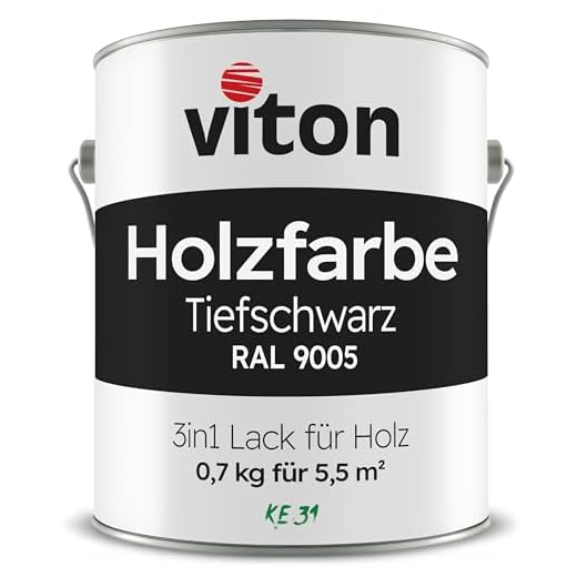 VITON Holzfarbe in Schwarz - 0,7 Kg Holzlack Seidenmatt - Wetterschutzfarbe für Außen - 3in1 Grundierung & Deckfarbe - Profi-Holzschutzlack - KE31 - RAL 9005 Tiefschwarz