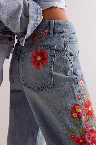 loveimgs Women Baggy Jeans Y2k Floral Embroidered Crop Denim Pants Wide Leg Mid Rise Jeans Cowgirl Sweatpants Trouser Pockets3