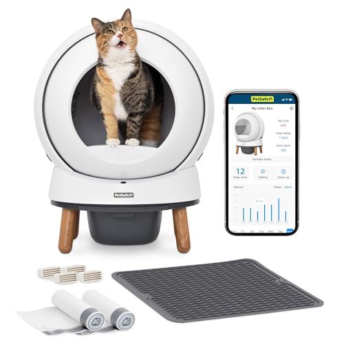 PetSafe ScoopFree SmartSpin Self-Cleaning Litter Box Bundle Advanced Odor Control App Controlled Up to 2 Weeks of Hands-Free Cleaning Includes Litter Mat, 50 Waste Bin Liners, 4 Deodorizers