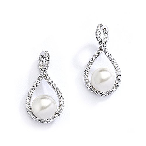 Mariell Pearl Drop Earrings with Cubic Zirconia Crystals For Brides, Weddings, Mother's Day Jewelry Gift