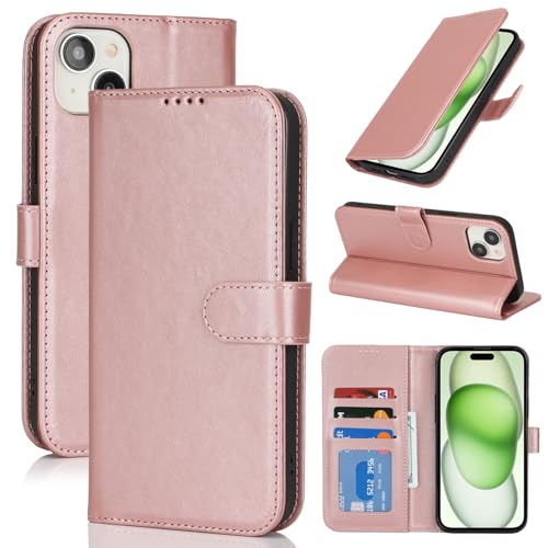 Image of for iPhone 15 Plus Case Wallet with Card Holder,for iPhone 14 Plus Wallet Case for Women Men,PU Leather Shockproof Magnetic Buckle Stand Flip Phone Case-Rose Gold