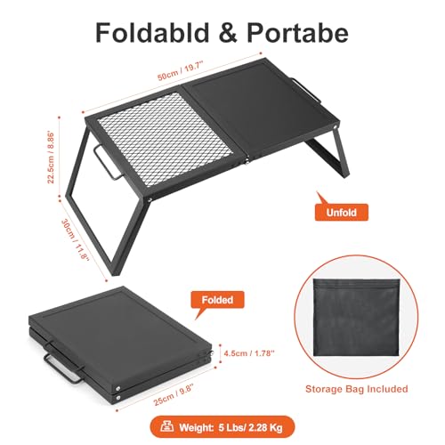 image for Odoland Folding Campfire Grill, Heavy Duty Steel Mesh Grate with Foldi