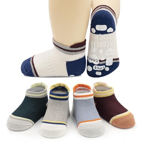 HYCLES Toddler Non-Slip Ankle Socks With Grippers Anti Slip Low Cut Socks for Baby Kids Boys Girls 5 Pairs