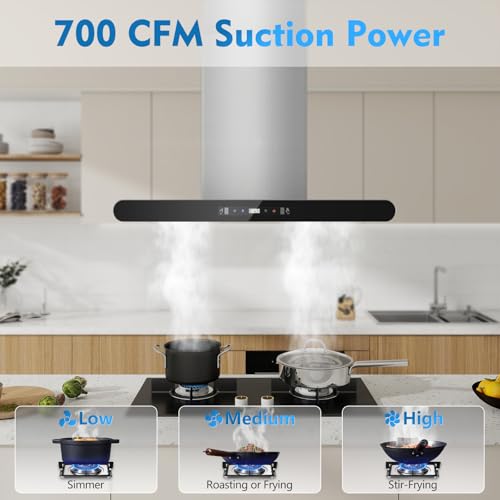 Image of Tiesay Island Range Hood 30 inch, 700 CFM Dual-Sided Ceiling Mount Vent Hood, Convertible Ducted /Ductless, Touch,Gesture & Remote Control, 3-Speed Fan, 4 LED Lights, Stainless Steel