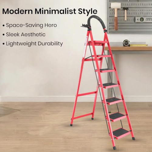 Image of Casa Copenhagen Red 7 Step Ladder for Home Use with Built-in Tool Tray | Heavy Duty D Shape Rods | Ultra Large Platform | Wide Rubber Feet | 150Kg Capacity Foldable Ladder - 7 Years Warranty