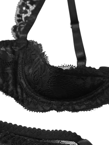 Lilosy Sexy Underwire Floral Lace Sheer Lingerie Set for Women See Through Bra and Panty 2 Piece Push Up Half-cup Black Medium
