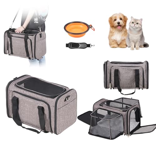 Happybuy Cat Carrier with Wheels, Airline Approved, Rolling Pet Carrier with Telescopic Handle, Shoulder Strap & Folding Bowl, Holds Pets up to 25 lbs, Grey