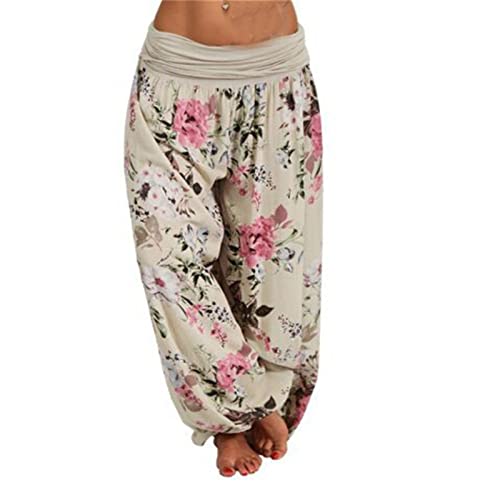 Women's Boho Hippie Harem Pants Floral Loose Wide Leg Summer Beach Pants Printed Flowy Baggy Casual Trousers (Light Yellow,Medium)