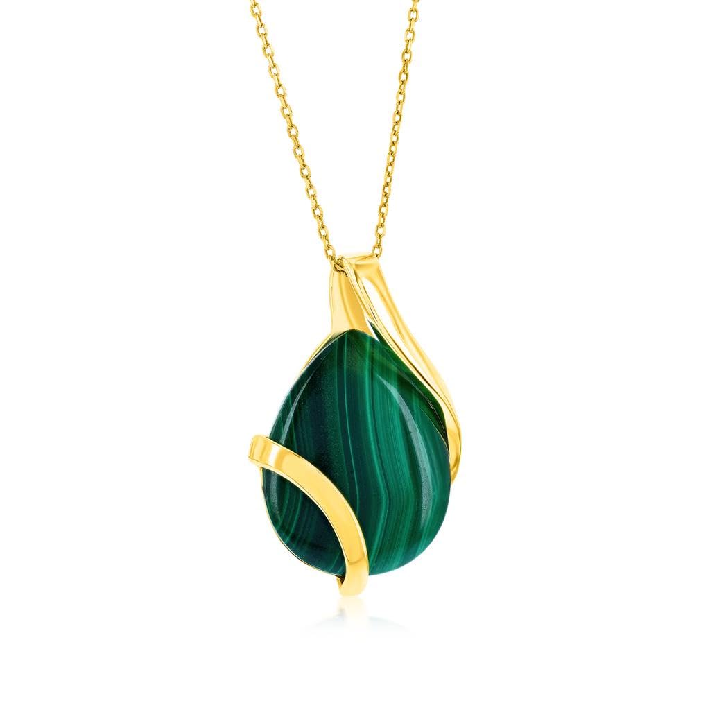 Beaux Bijoux Natural Malachite or Larimar Gemstone Pendant Necklaces for Women in Sterling Silver and 14k Gold - Teardrop Pendant Statement Necklace - Fine Jewelry for Women