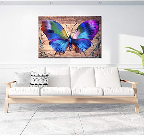 Zlove 3 Panel Canvas Wood Wall Decor Nature Inspired Colorful Butterfly Vintage Wooden Style Animal Painting Giclee Canvas Prints Framed Canvas Artwork For Bedroom Home Decor 24X36Inch #TOP1