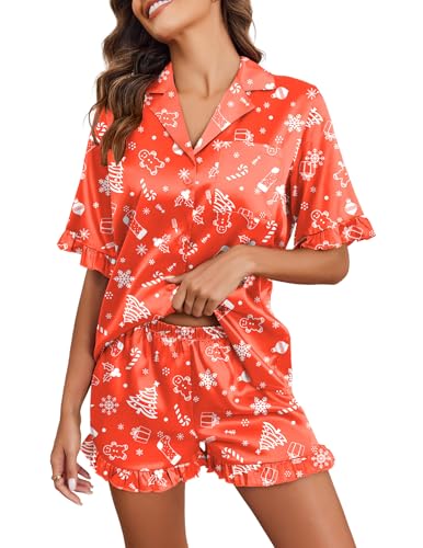 Image of Ekouaer Satin Pajama Set for Women 2 Piece Pj Sets Short Sleeve Sleepwear | Super Soft Silky Summer Loungewear Set with Ruffle Short Sleeve Top and Pocket Shorts, Casual Travel Daily Gift