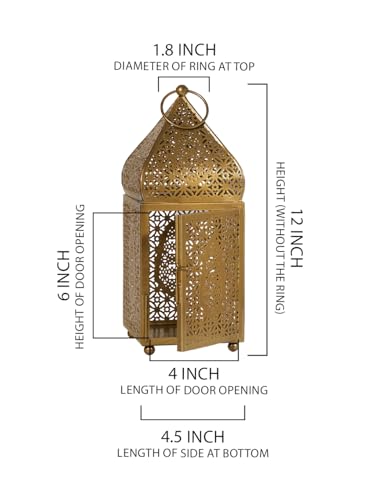 Serene Spaces Living Large Moroccan Gold Ornate Candle Lantern, Antique Gold Lantern, Decorative Candle Lantern Holders for Indian-Inspired Wedding, Eid, Ramadan, Events, 4.5" Dia & 12" Tall