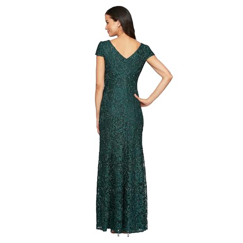 Alex Evenings Women's Long Rosette Mother of The Bride Dress with Short Sleeves, Wedding Guest (Petite and Regular Sizes), Hunter Green-Corded Lace, 102