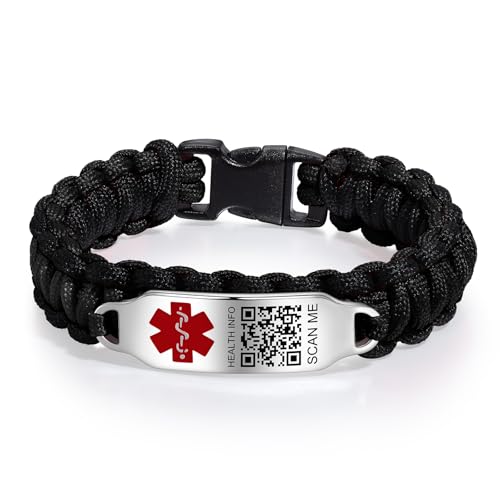 Theluckytag - Pulseras médicas unisex con código QR, pulsera de información médica de nailon impermeable para muñecas de hasta 17,8 cm, más espacio e información de identificación