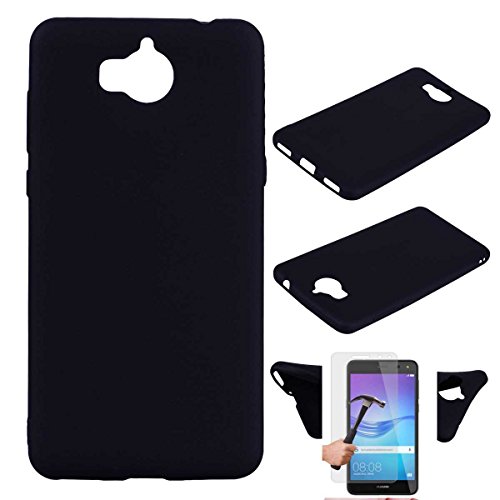 Todobarato24h Funda TPU Lisa Compatible con Huawei Y5 2017 / Y6 2017 Negra + Protector DE Cristal Templado