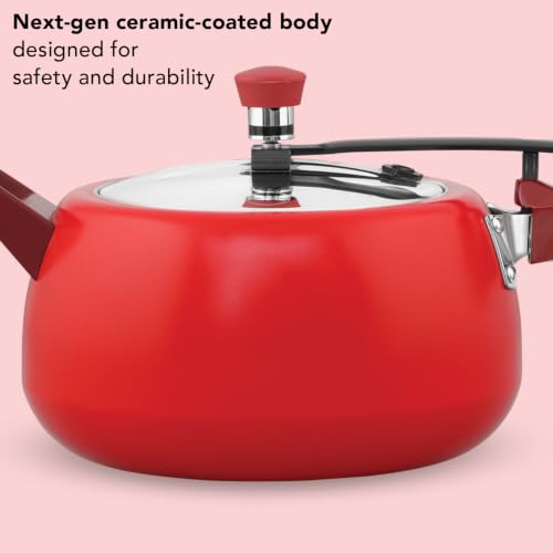 Image of Hawkins 5 Litre Ceramic Coated Cerenity Pressure Cooker | Induction & Gas | for Cooking Rice, Dal & Curries | 5 Year Guarantee, ISI Certified | Tomato Red (ICR50)