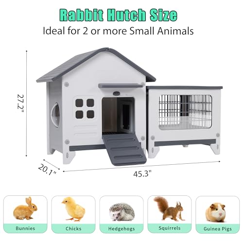 Rabbit Hutch Indoor & Outdoor with Extended Play Area, Plastic Rabbit Hutch with Sloped Roof Drainage, Panoramic Windows, Urine Barrier & Pull-Out Tray, Rabbit Cage with Run Easy to Clean and Assemble - Image 2