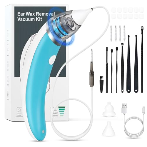 Ear Vacuum Ear Wax Removal Kit with 5 Levels Strong Suction, USB Rechargeable Reusable Electric Ear Suction Vacuum Tool for Adults and Kids (Blue)